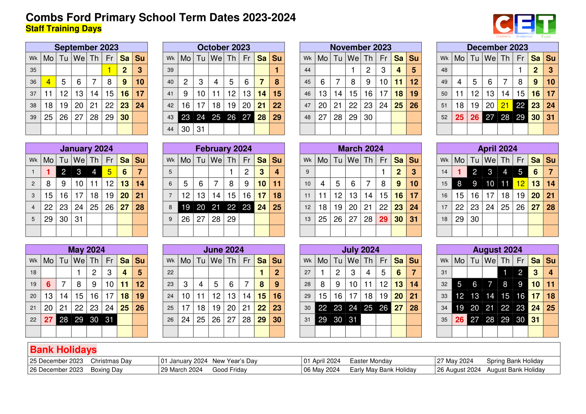 Image of Combs Ford Primary School's term dates for the academic year 2023-2024.