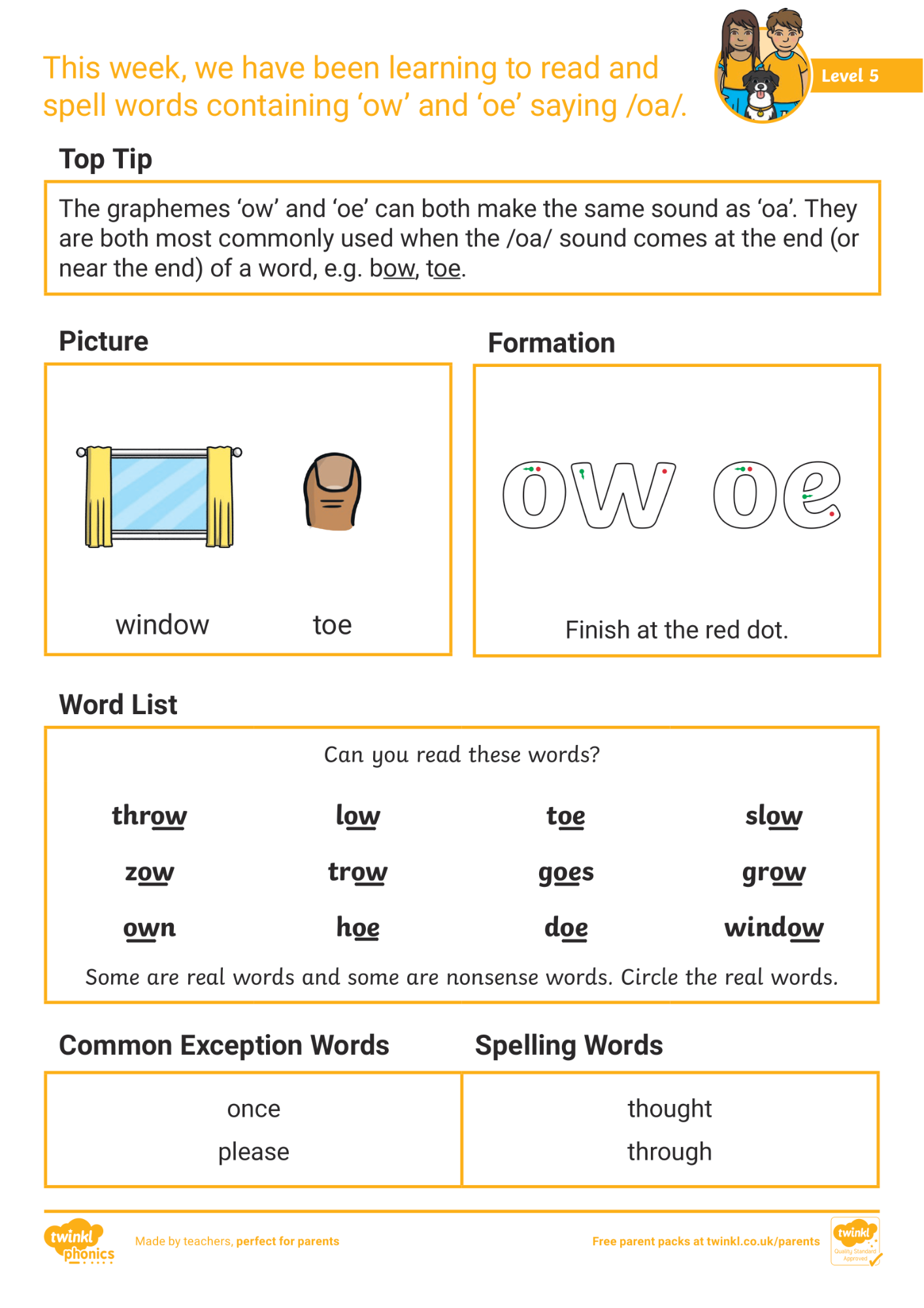 Image of Phonics Level 5 - Week 16: 'ow' and 'oe' saying /oa/