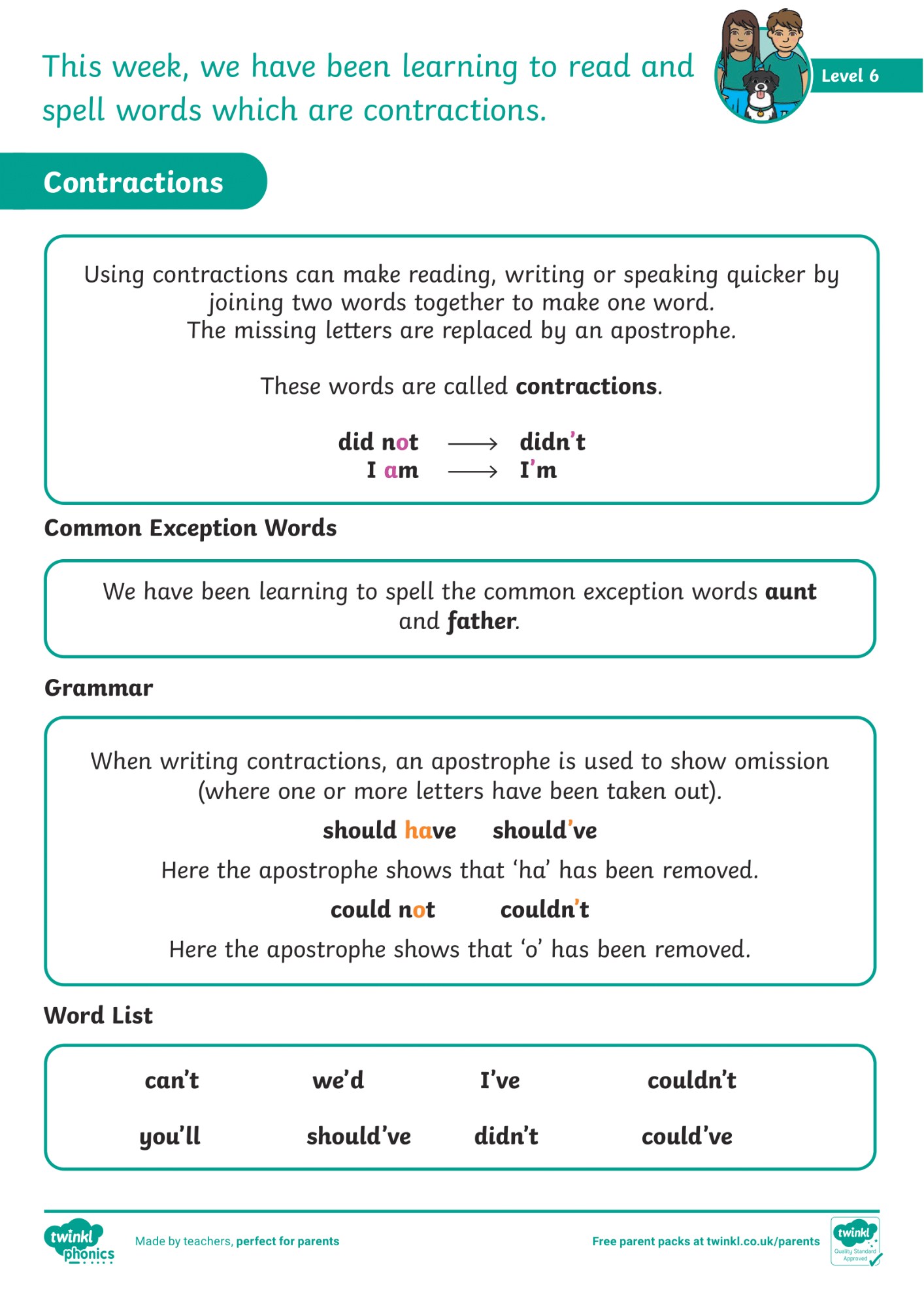 Image of Phonics Level 6 - Week 22 - contractions.