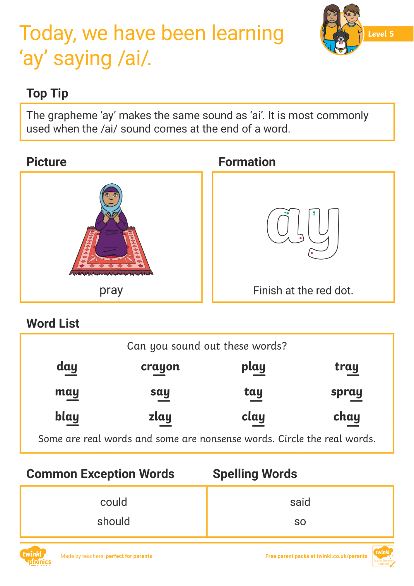 Image of Phonics Level 5 - Week 1: 'ay' saying /ai/