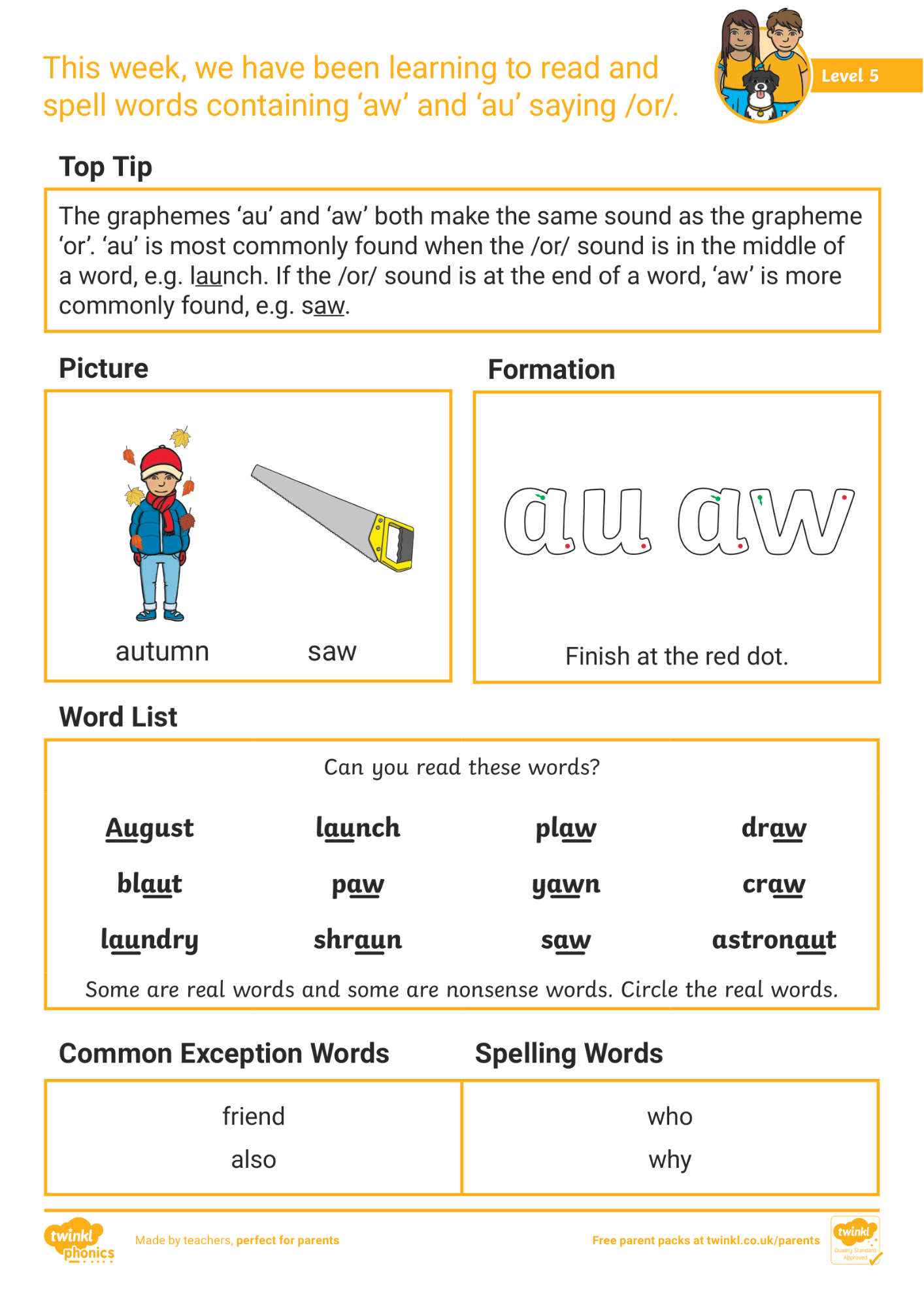 Image of Phonics Level 5 - Week 15: 'aw' and 'au' saying /or/