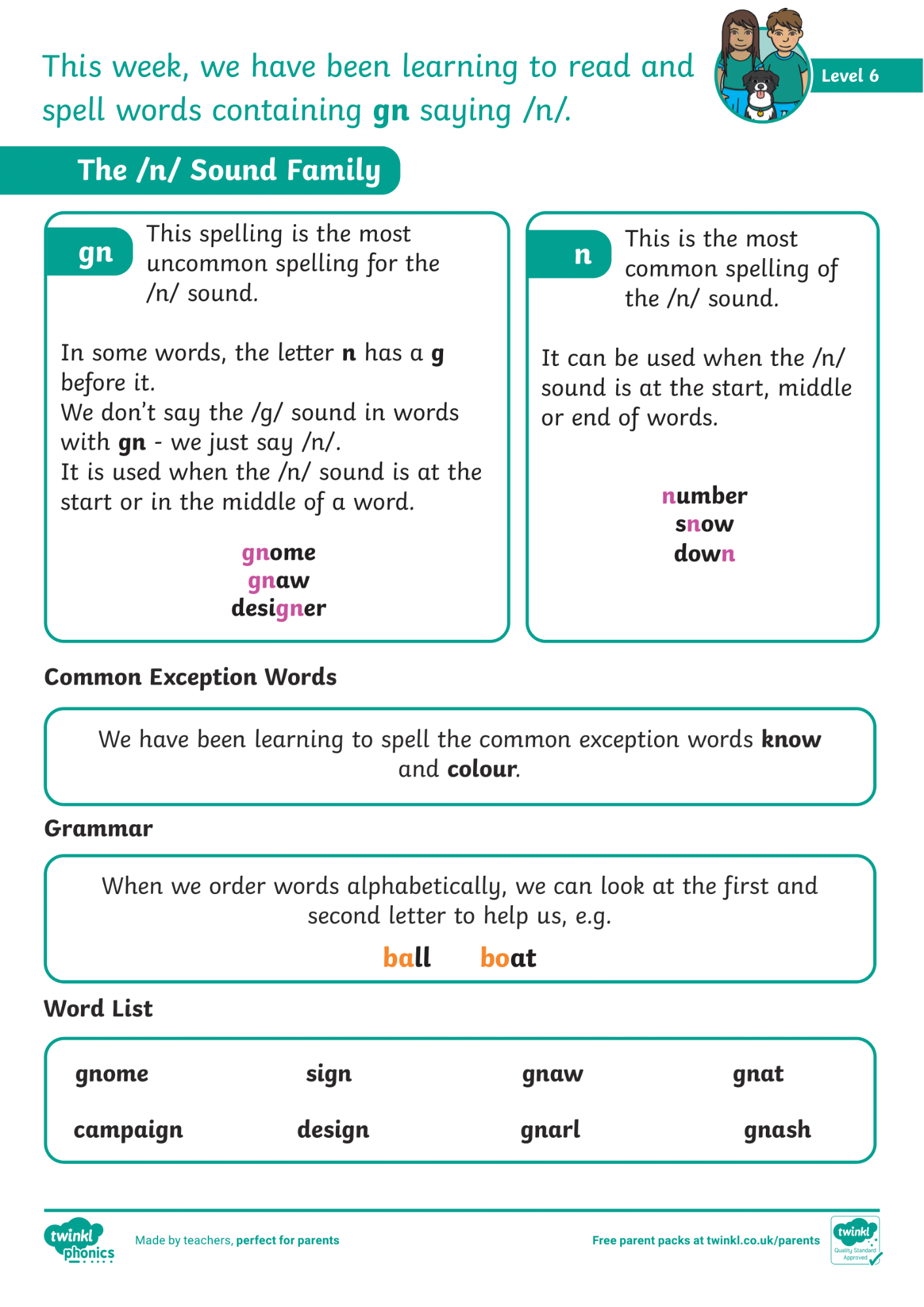 Image of Phonics Level 6 - Week 4 - 'gn' saying '(n)'.