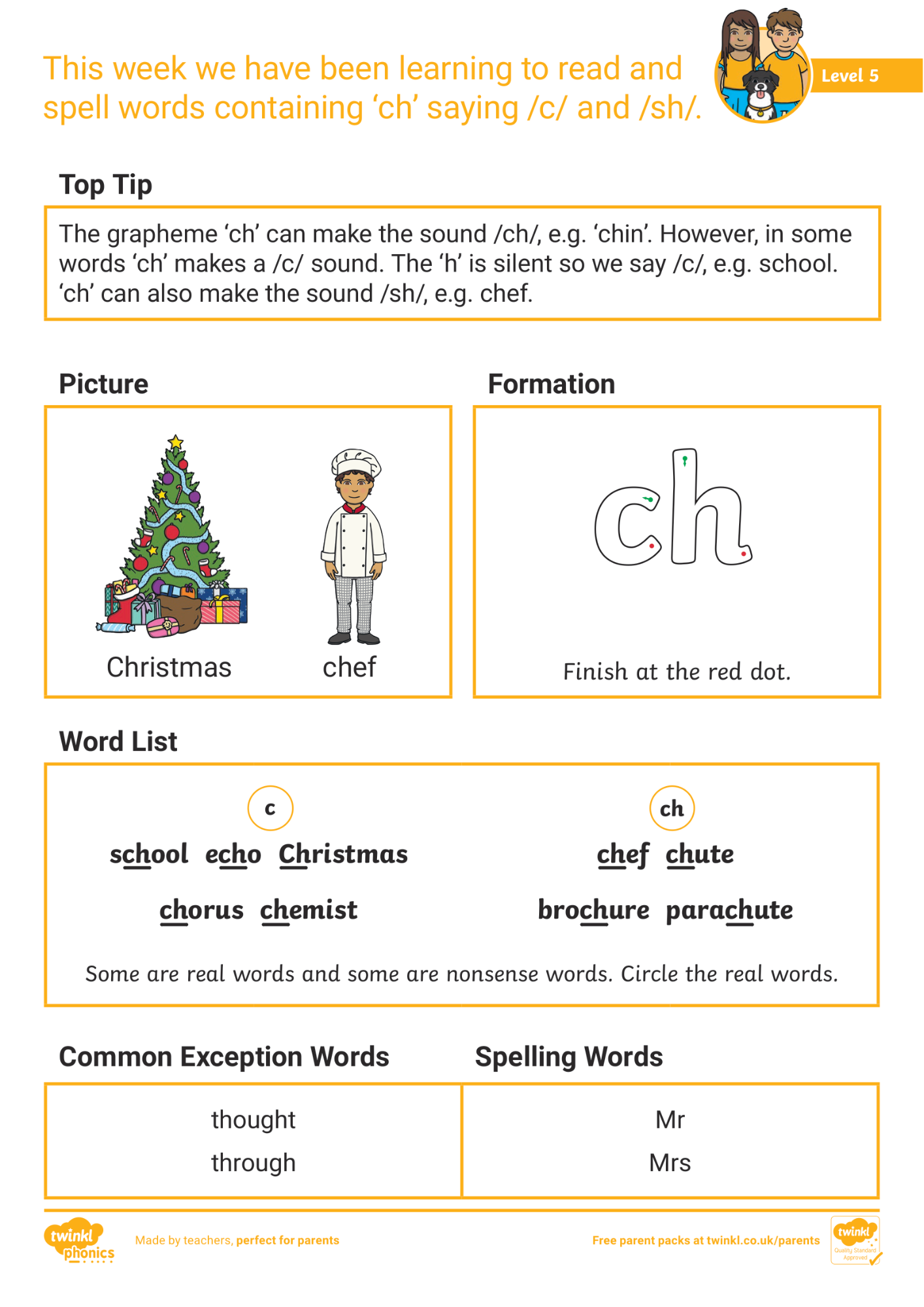 Image of Phonics Level 5 - Week 10: ‘ch’ saying /c/