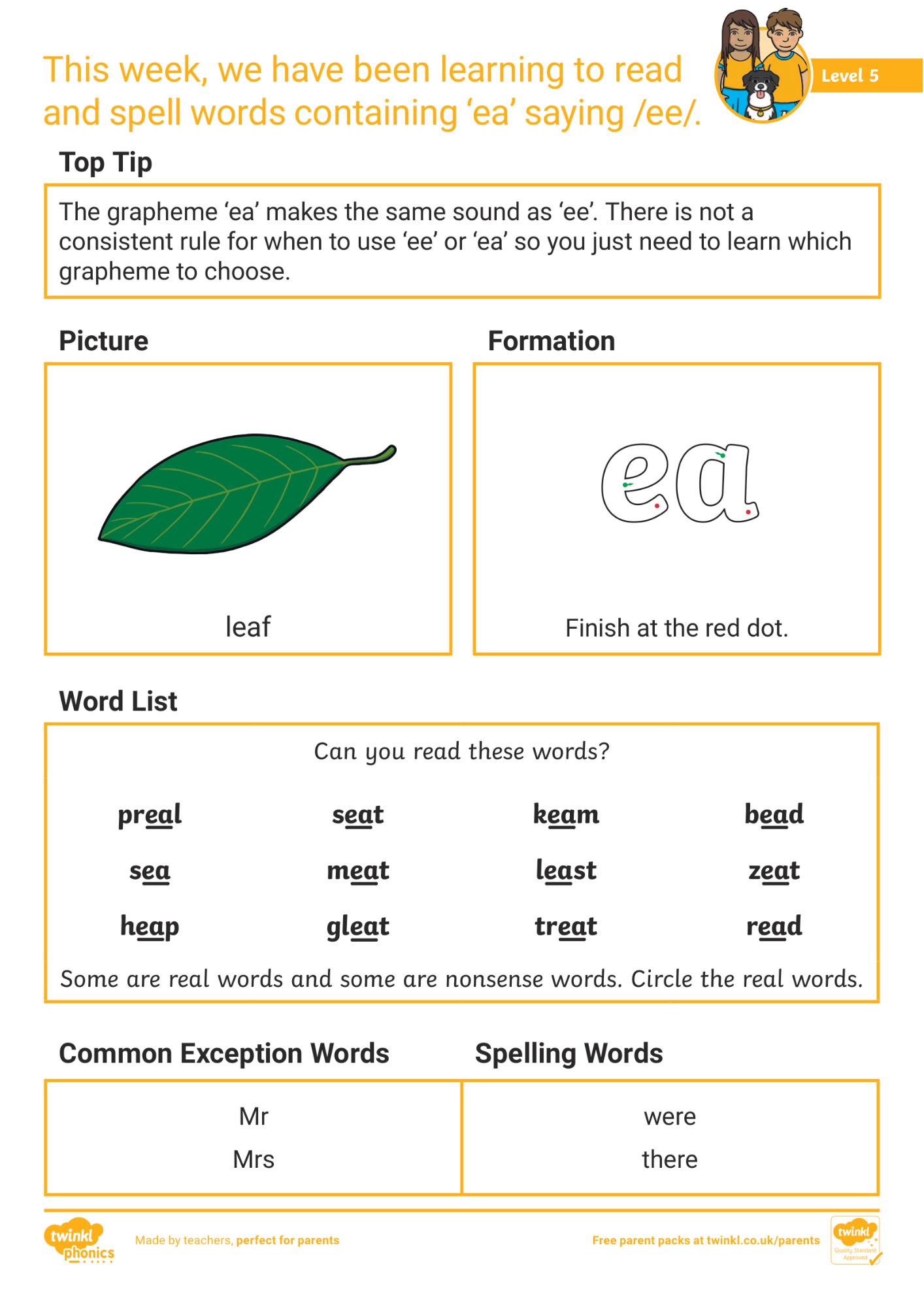 Image of Phonics Level 5 - Week 4: 'ea' saying /ee/