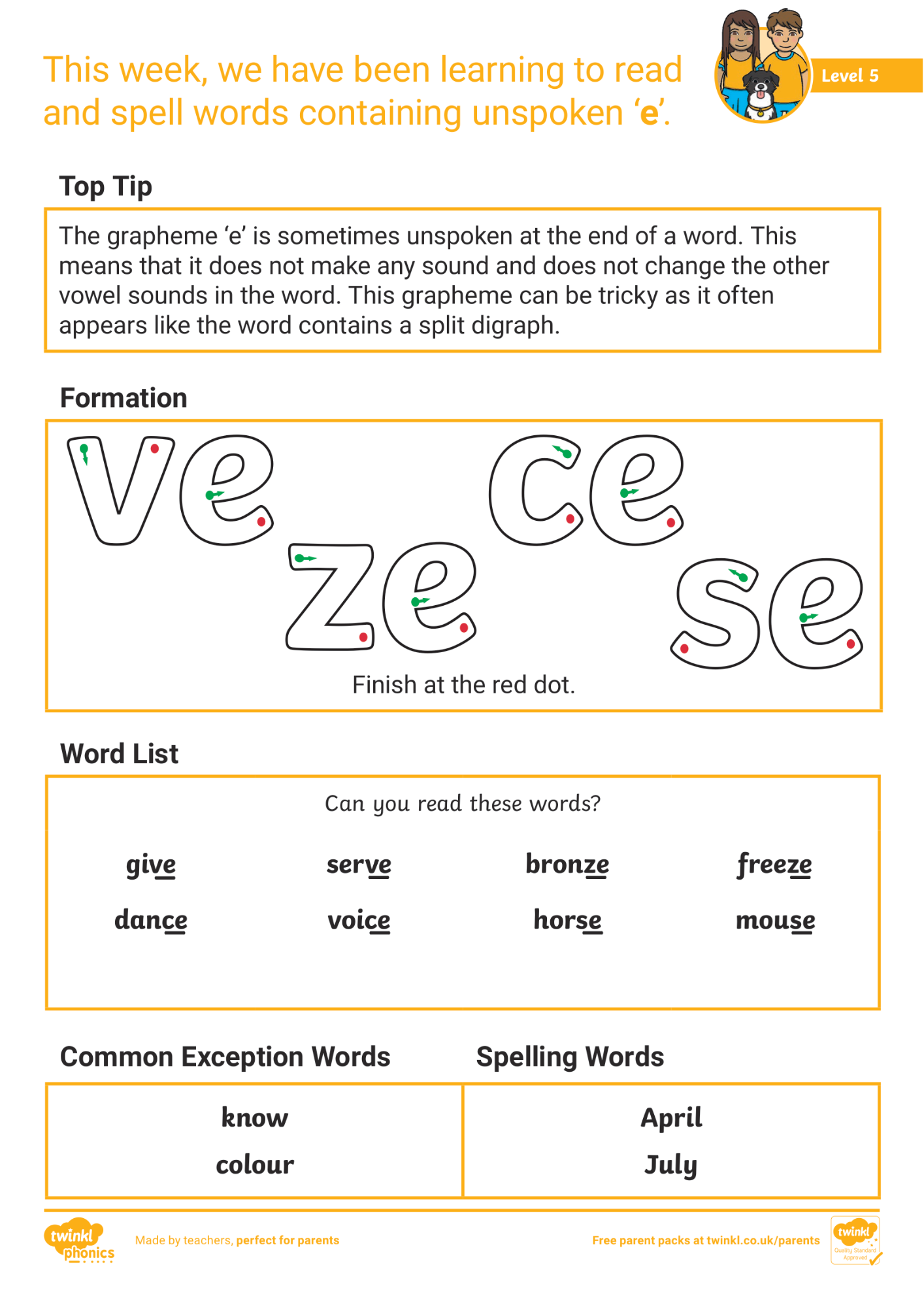 Image of Phonics Level 5 - Week 28: unspoken ‘e’