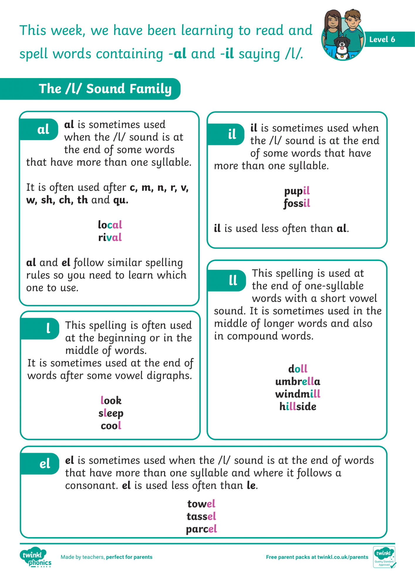 Image of Phonics Level 6 - Week 11 - '-al', '-il'.