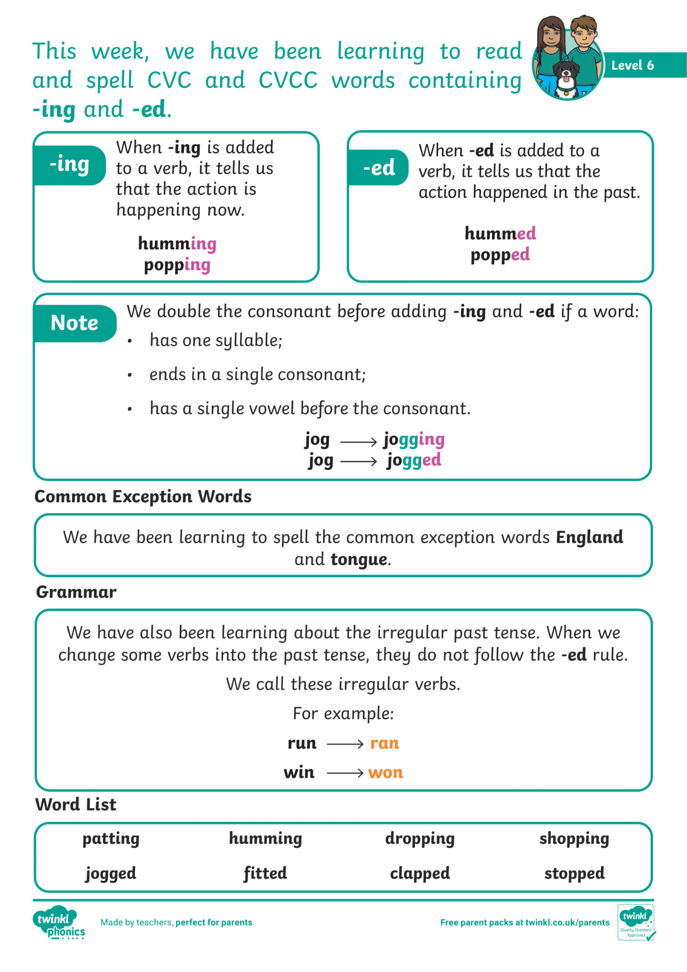 Image of Phonics Level 6 - Week 18 - '-ing', '-ed' to CVC and CCVC words.