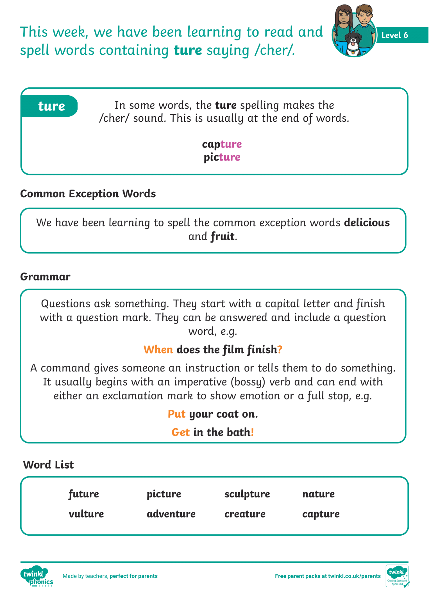 Image of Phonics Level 6 - Week 14 - 'ture'.