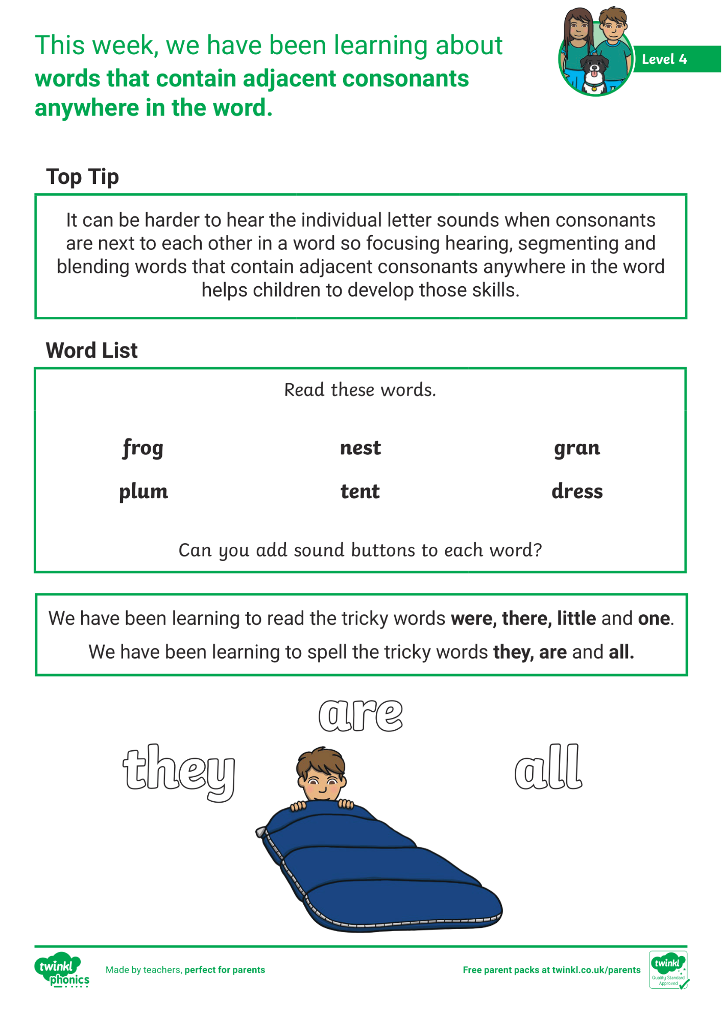 Image of Phonics Level 4 - Week 3 - Words That Contain Adjacent Consonants Anywhere in the Word.