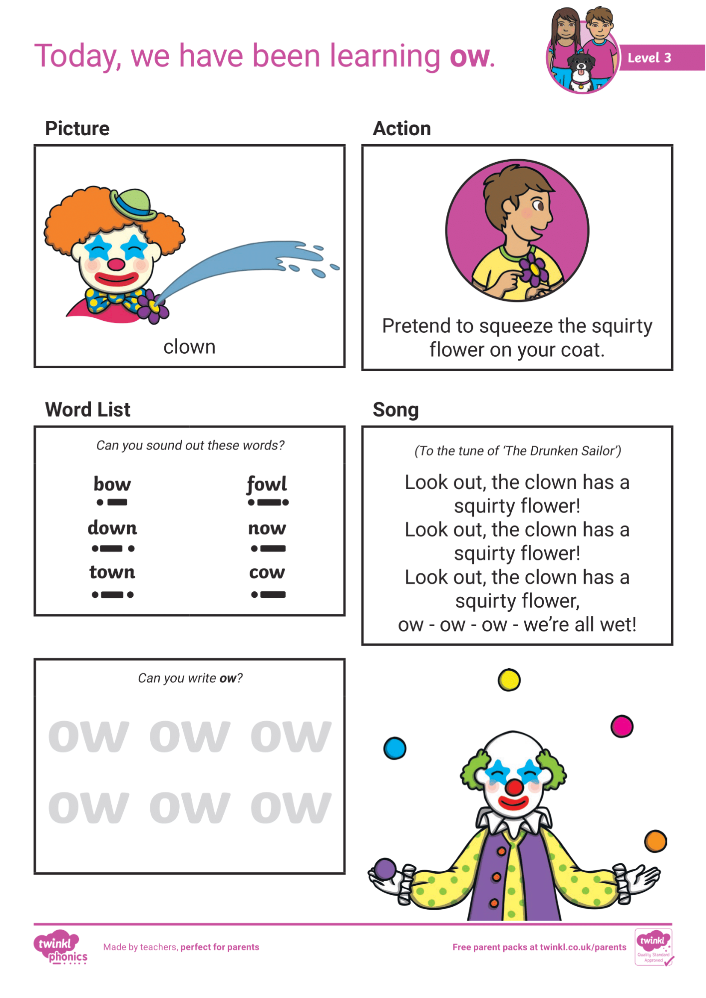 Image of Phonics Level 3 - Week 6 - 'ow'.