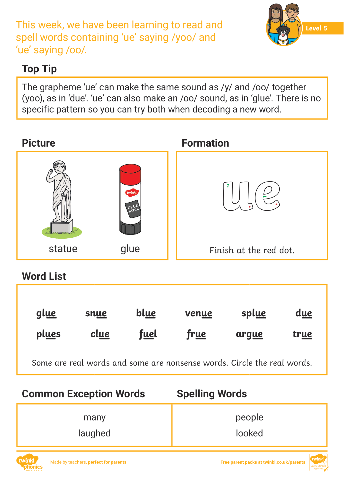 Image of Phonics Level 5 - Week 12: 'ue' saying (yoo) and ‘ue’ saying /oo/