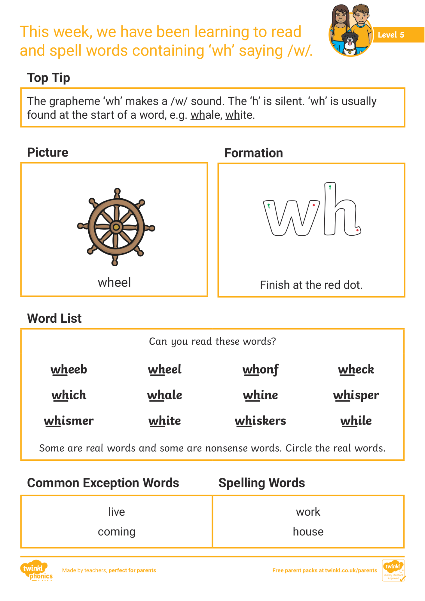 Image of Phonics Level 5 - Week 17: 'wh' saying /w/