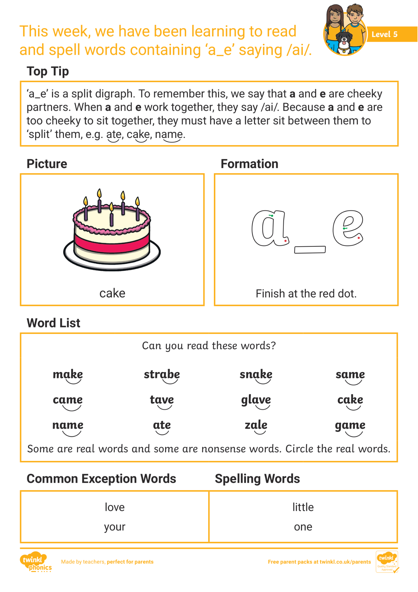 Image of Phonics Level 5 - Week 5: 'a_e' saying /ai/