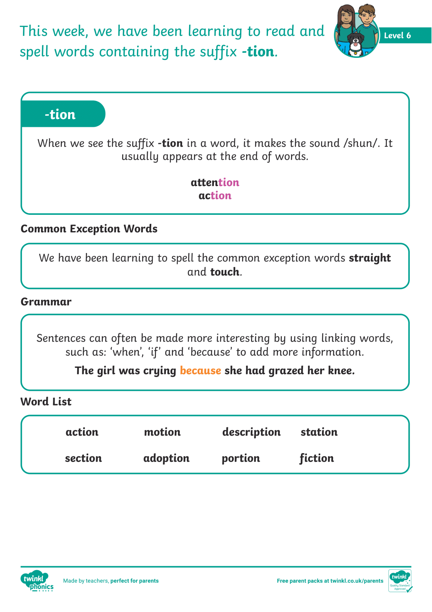 Image of Phonics Level 6 - Week 27 - '-tion'.